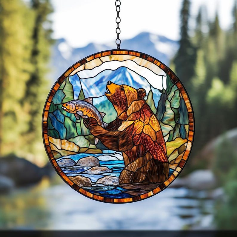 Bear Catching Salmon Stain Glass Suncatcher