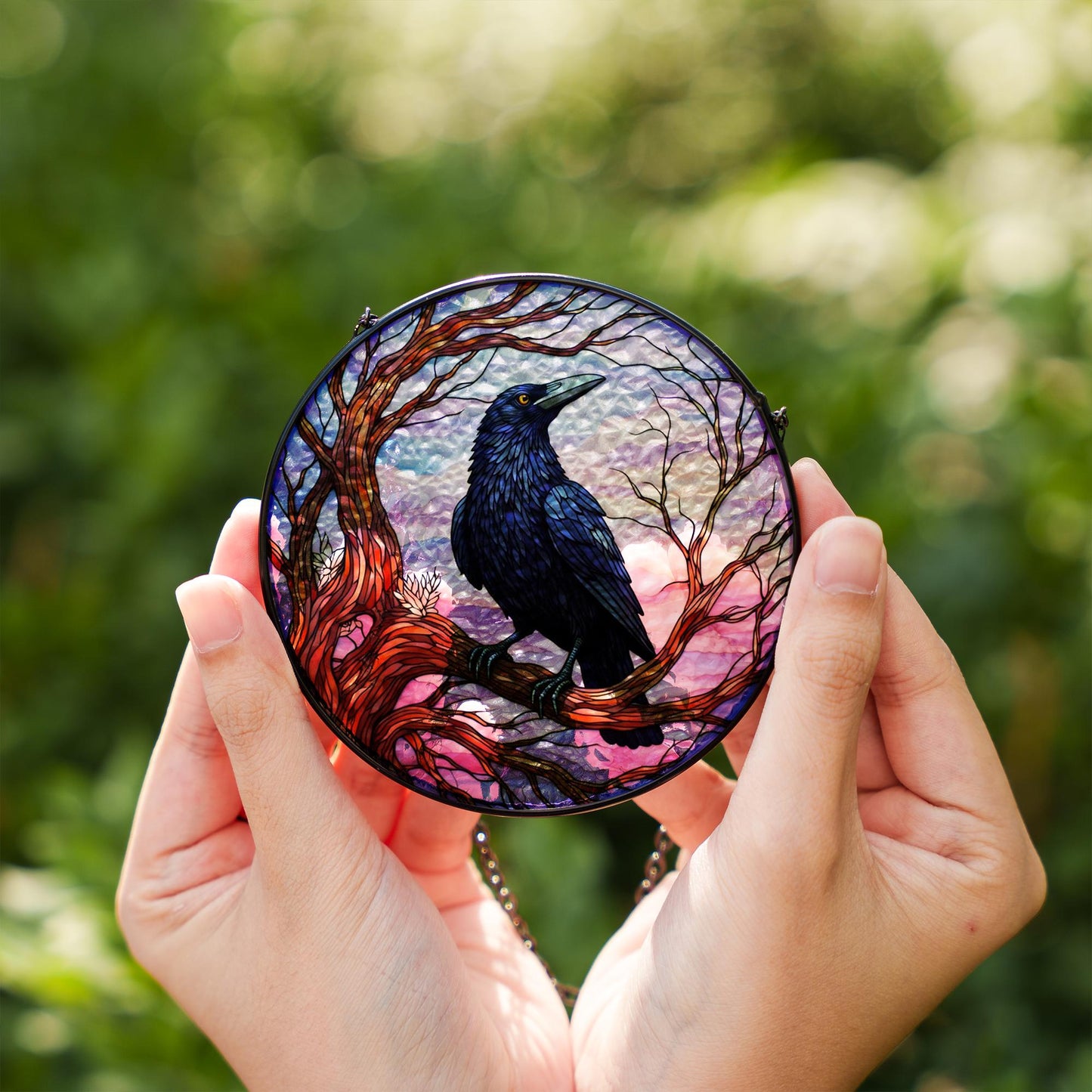 Winter Raven Stained Glass Suncatcher, Raven Window Hanging, Gothic Crow Suncatcher