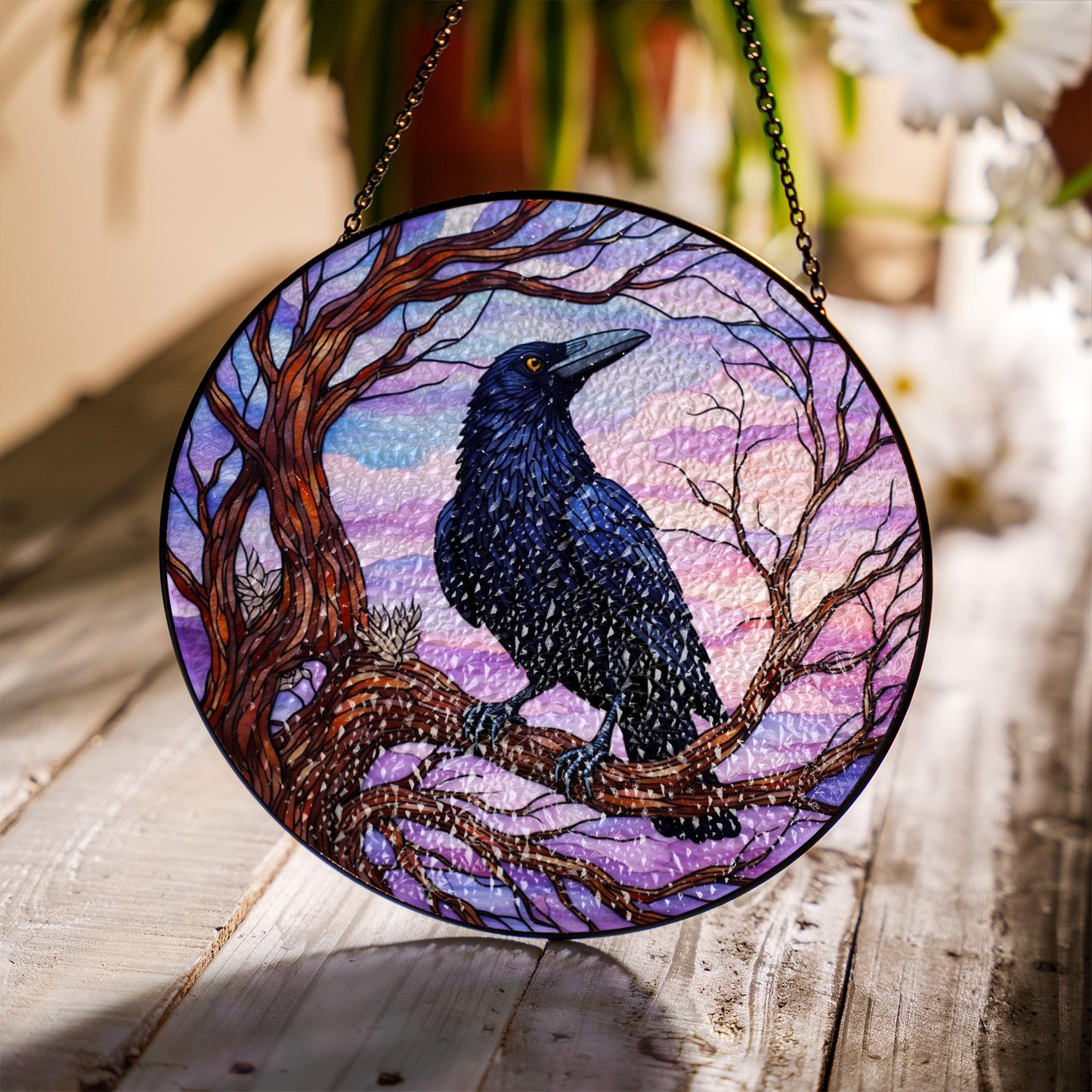Winter Raven Stained Glass Suncatcher, Raven Window Hanging, Gothic Crow Suncatcher