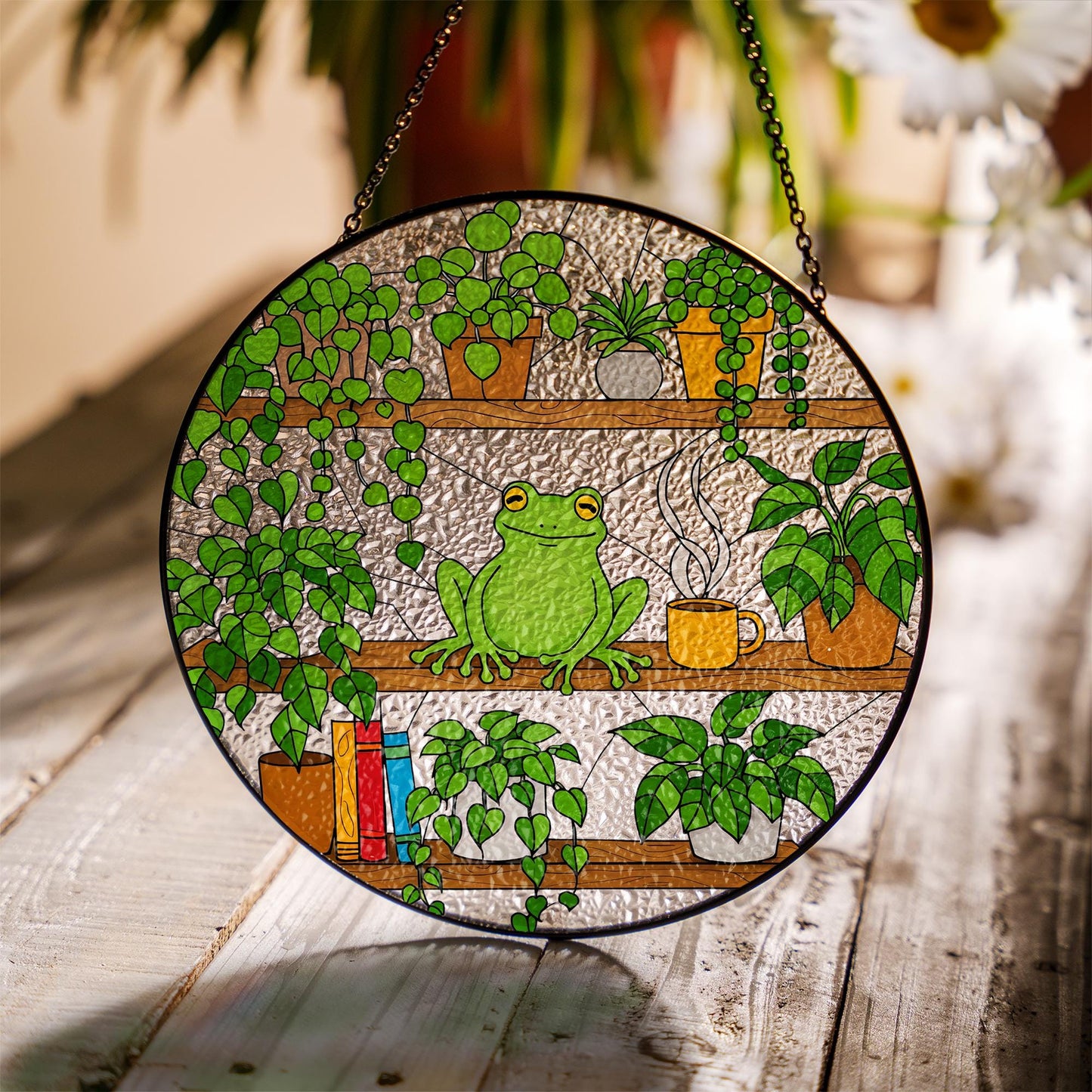 Frog On Bookshelf Stained Glass Suncatcher