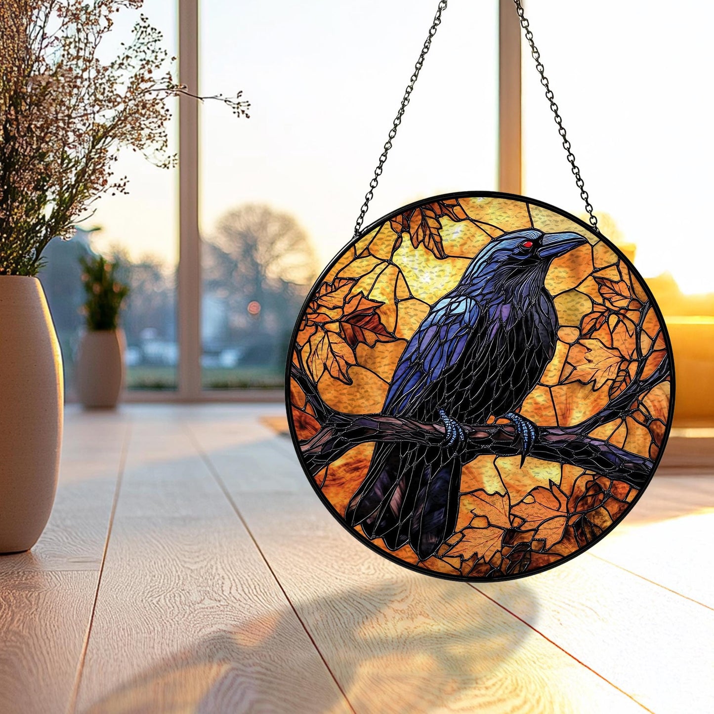 Black Raven Stained Glass Suncatcher, Gothic Crow Window Hangings for House