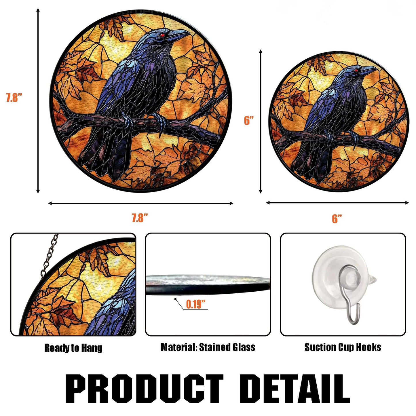 Crow on Skull Stained Glass Suncatcher, Moon&crow Stained Glass Suncatcher