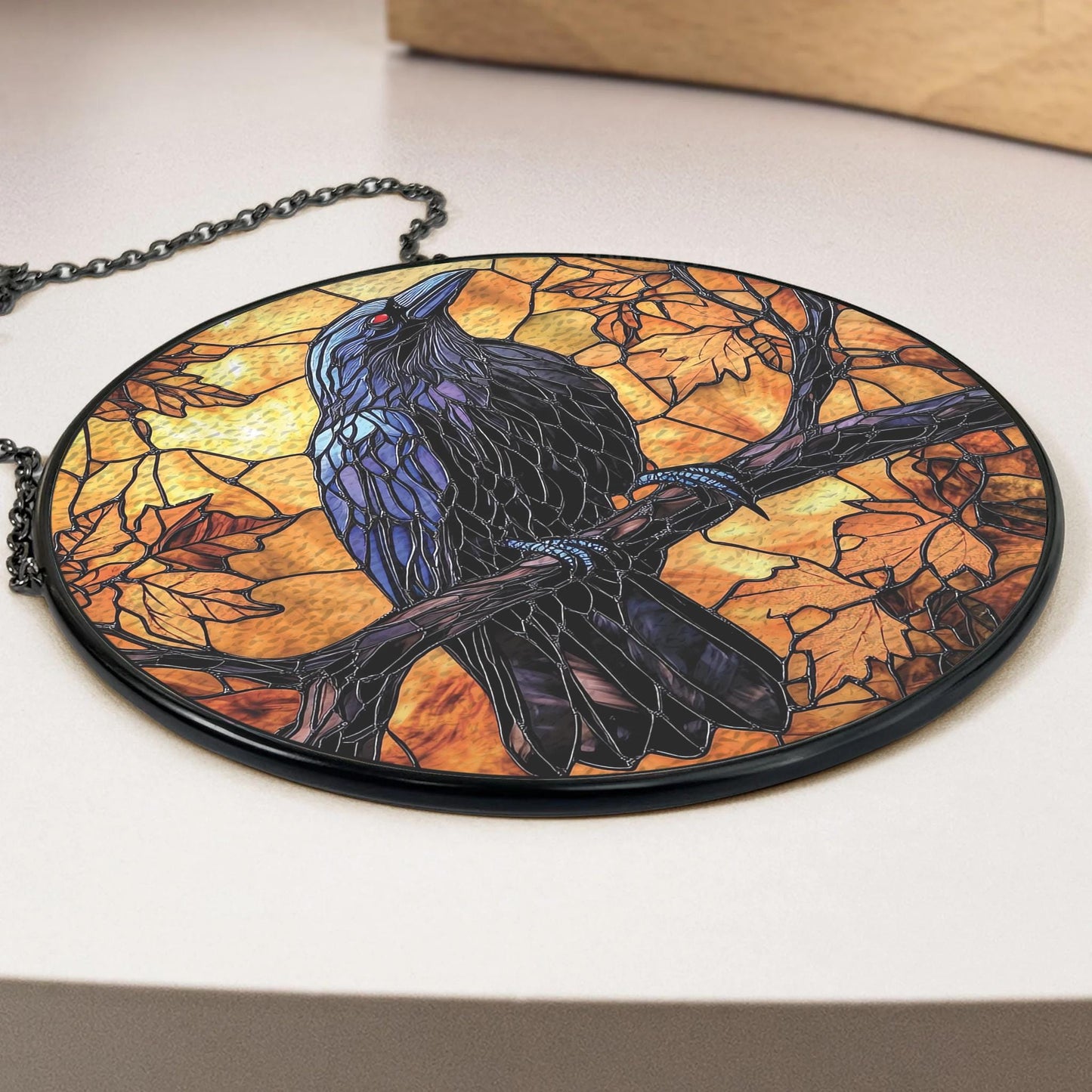 Black Raven Stained Glass Suncatcher, Gothic Crow Window Hangings for House