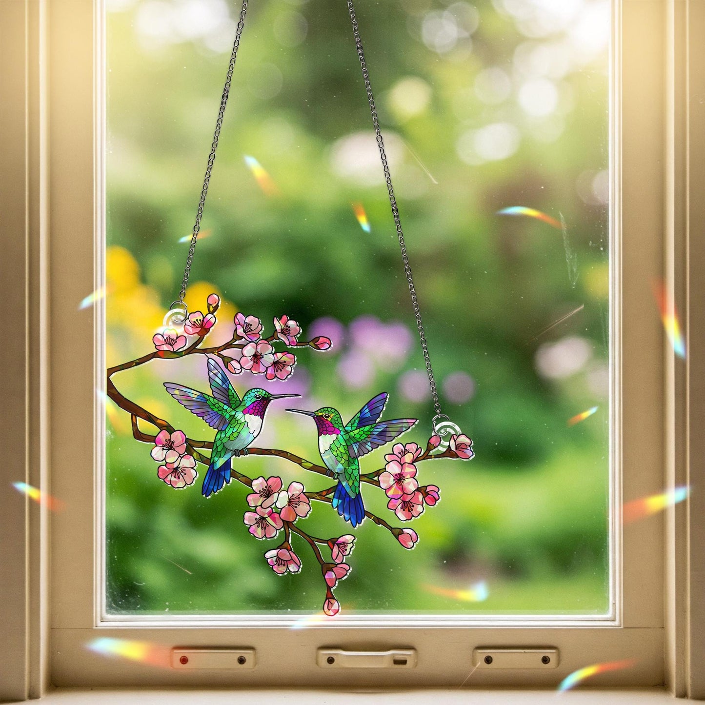 Hummingbird Couple Flower Stained Glass Suncatcher
