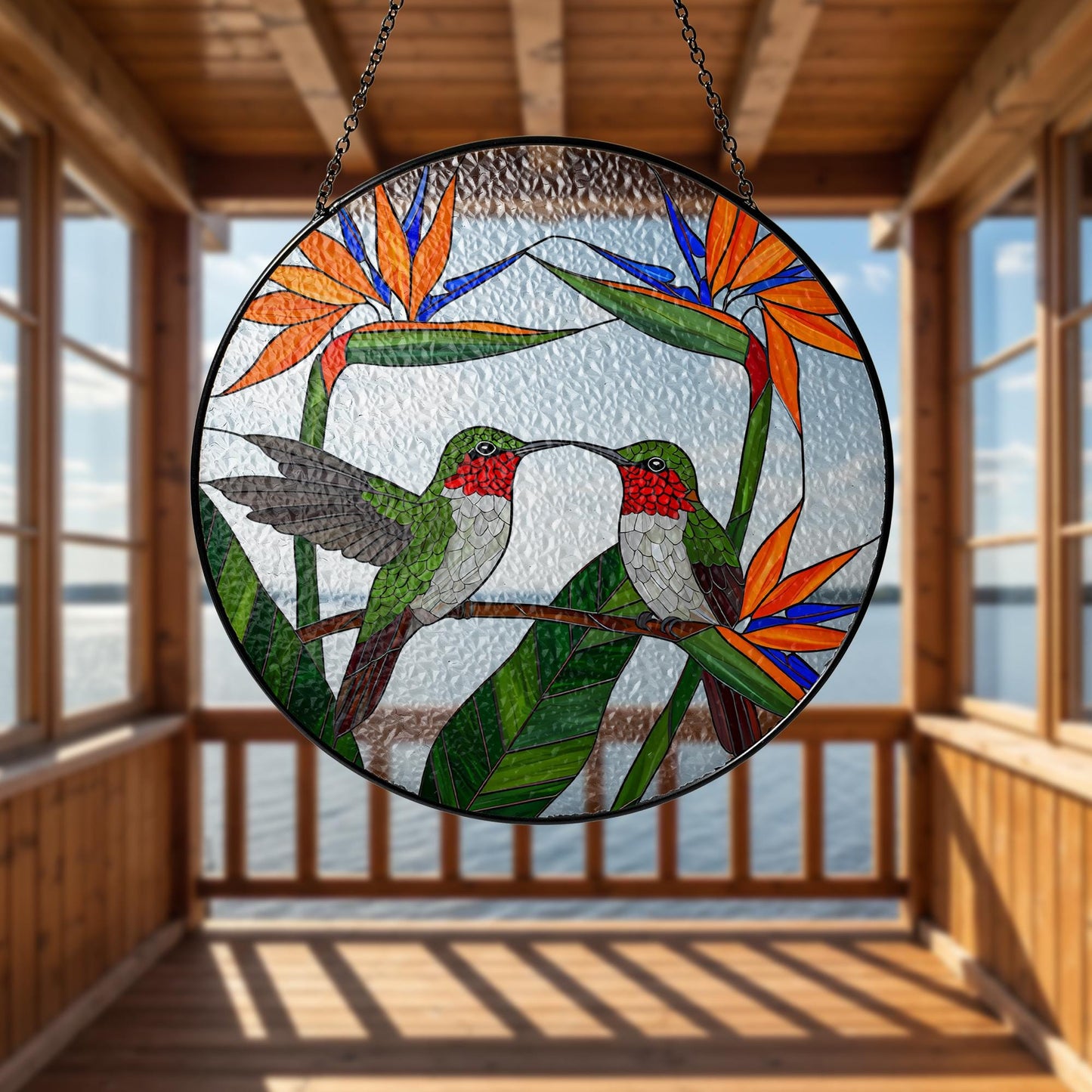 Hummingbird Couple Stained Glass Suncatcher