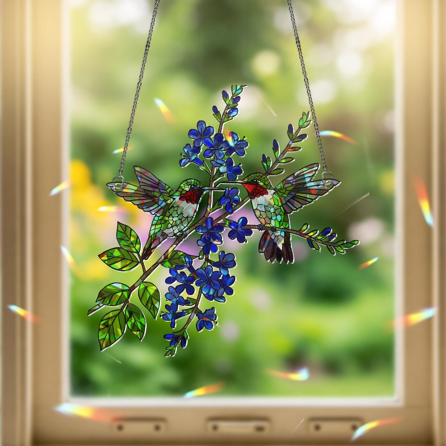 Hummingbird Couple Stained Glass Suncatcher