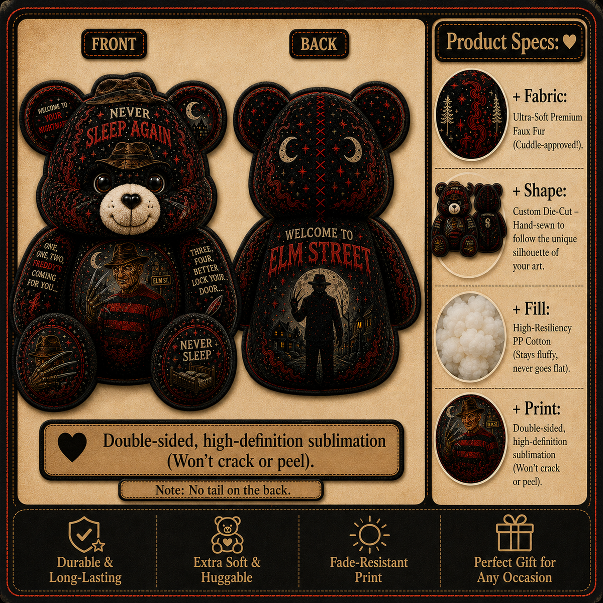 Never Sleep Again Freddy Bear Custom Shaped Pillow – Elm Street Horror Gift for Nightmare Fans