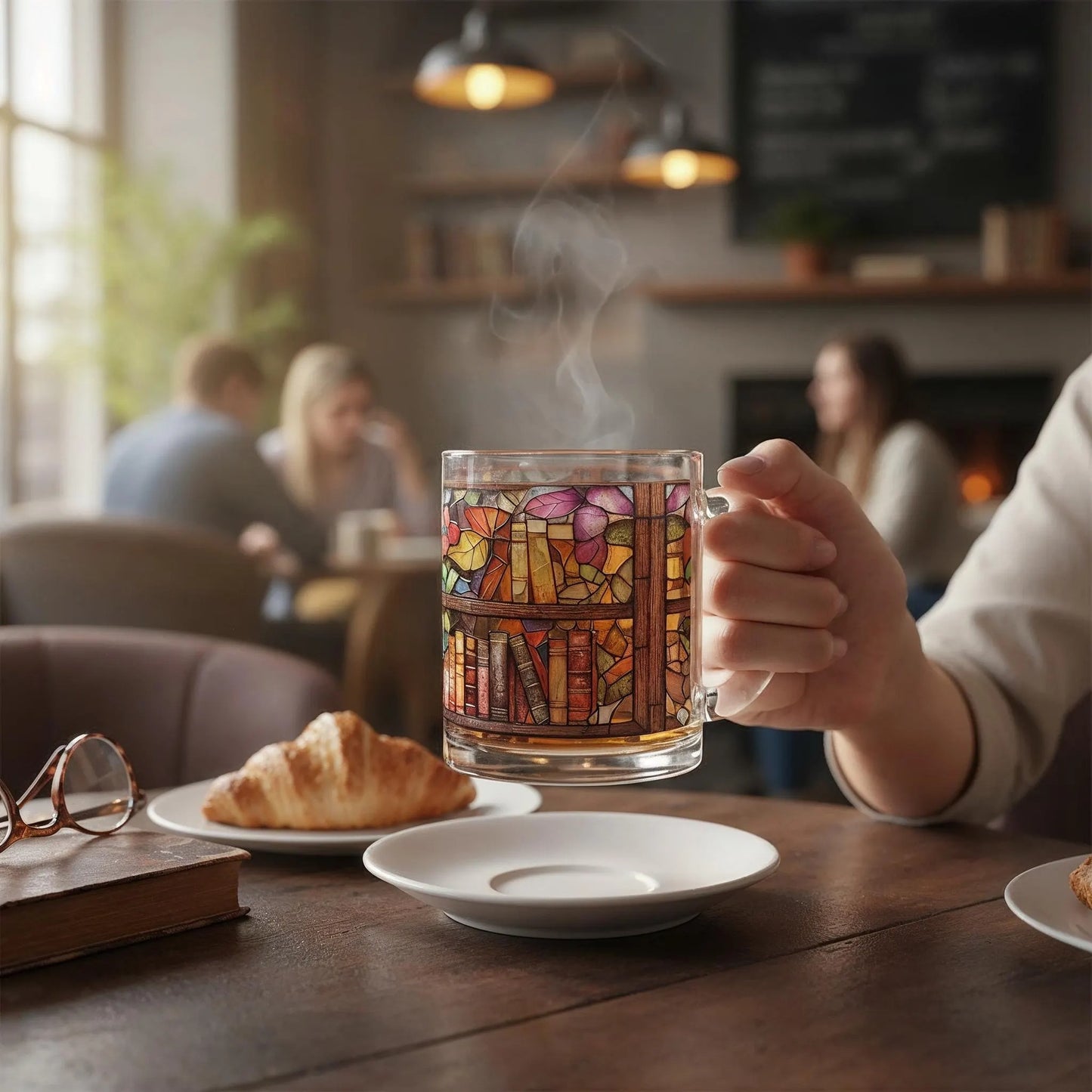 Faux Stained Glass Mug for Coffee and Books Lovers Vintage Bookshelf