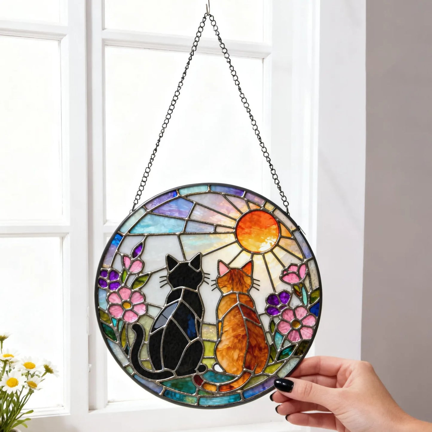 Charming Black Orange Cat Couple Garden Suncatcher Stained Glass Window Hanging Glass Ornament Mom Gift