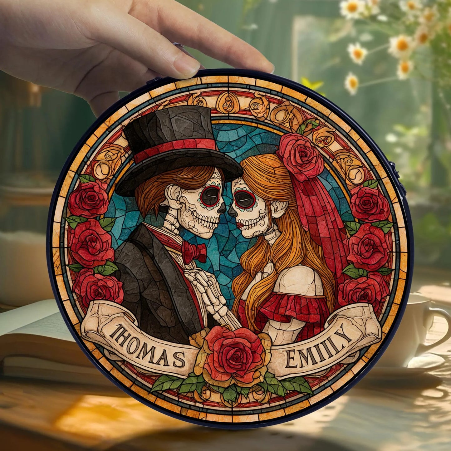 Custom Skeleton Couple Stained Glass Suncatcher, Hanging Decor