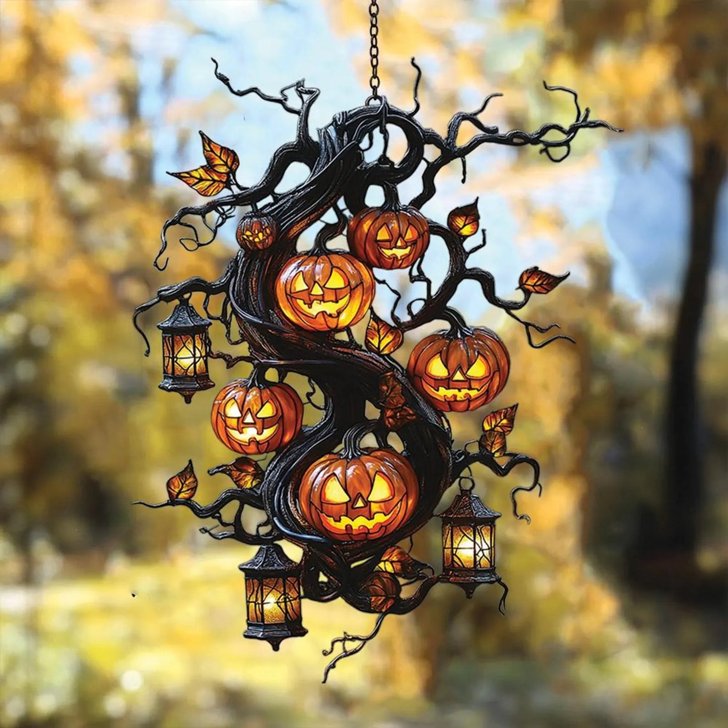 Jack-o’-lantern Tree Acrylic Window, Acrylic Window Hanging
