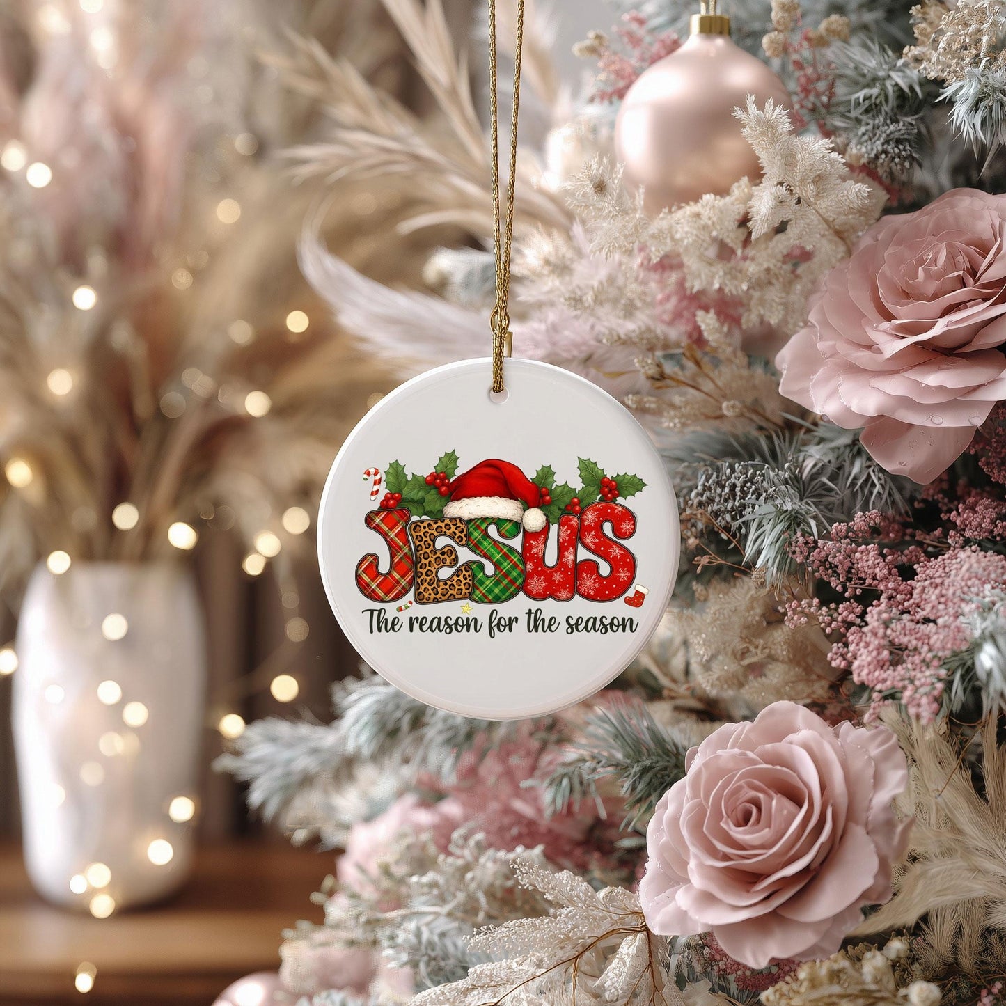 Jesus Ornament Ceramic, Christian Christmas Decoration With Santa Hat, Christian Circle Ceramic Ornament