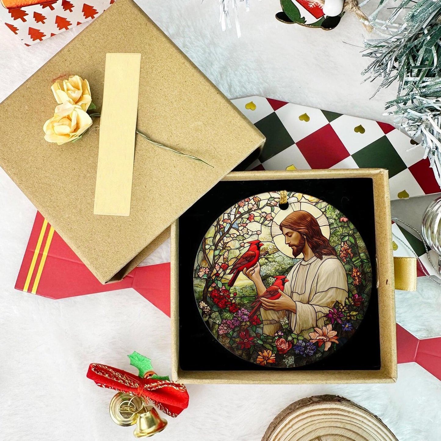 Jesus & Cross Ornament, Christian Circle Ceramic Ornament