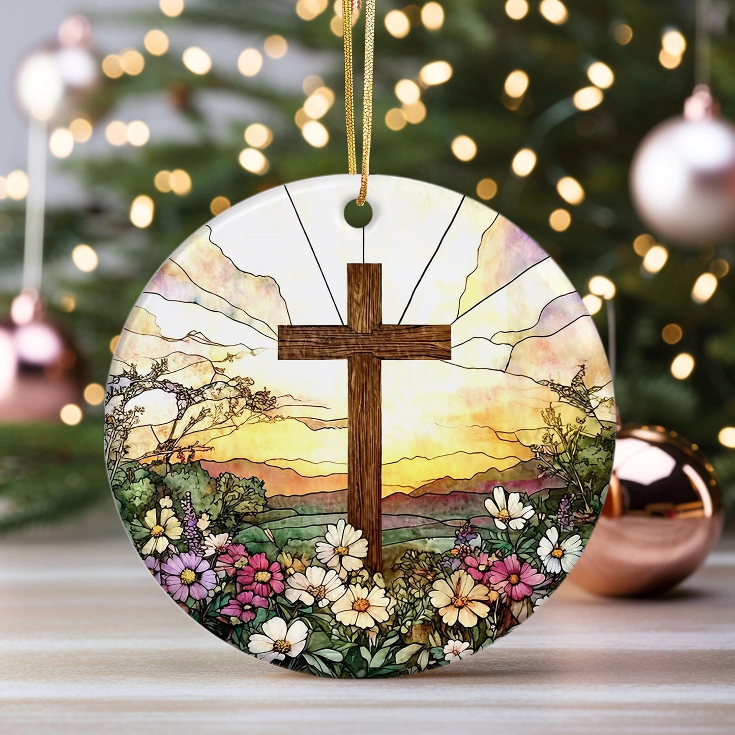 Jesus & Cross Ornament, Christian Circle Ceramic Ornament