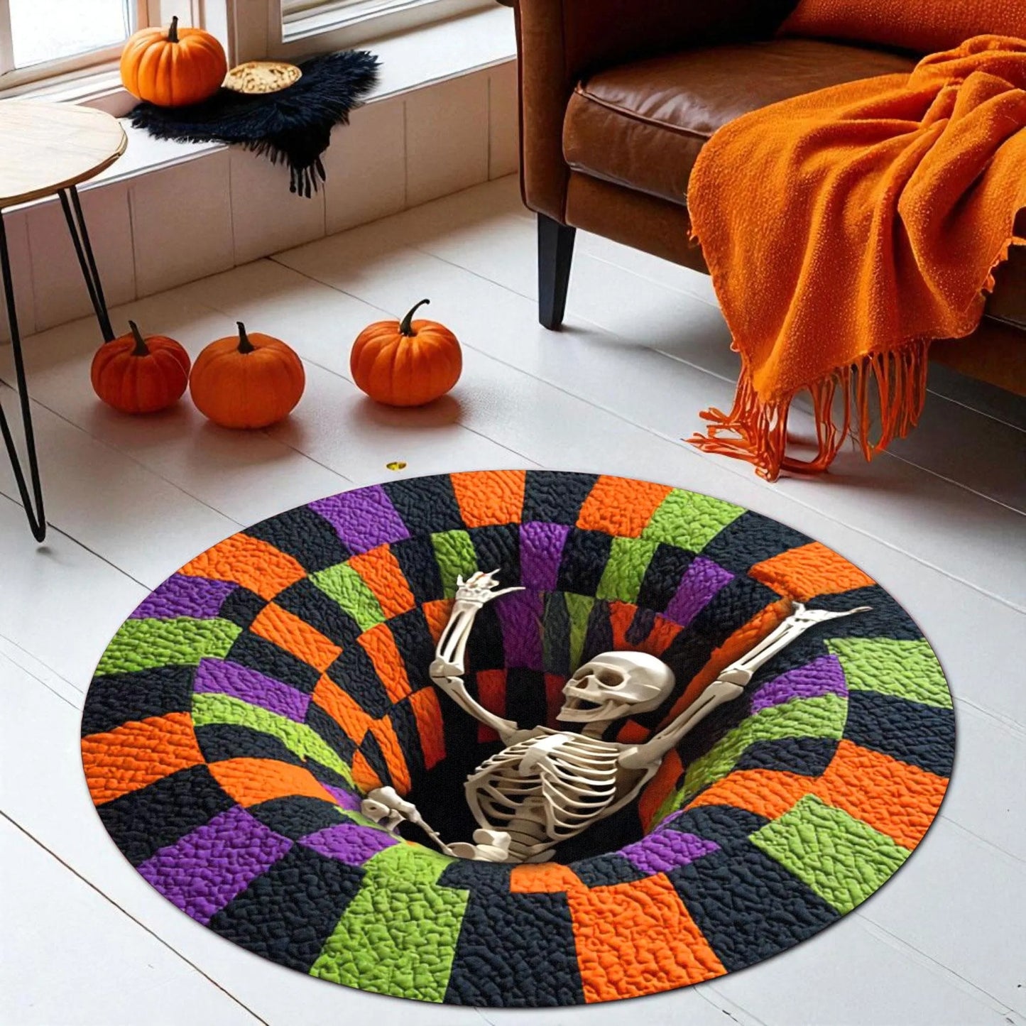 Halloween Skeleton Faux Quilted Round Mat