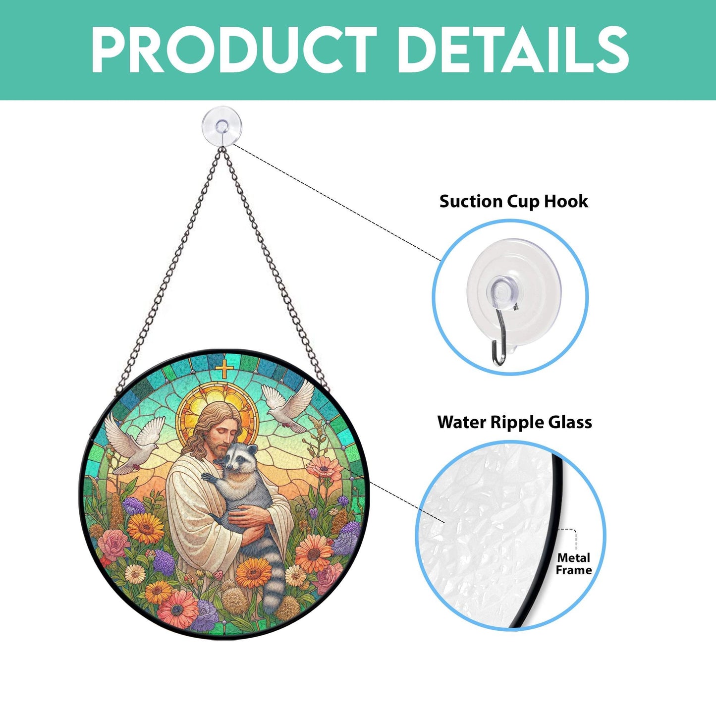 Jesus Hugging Raccoon Stained Glass Suncatcher