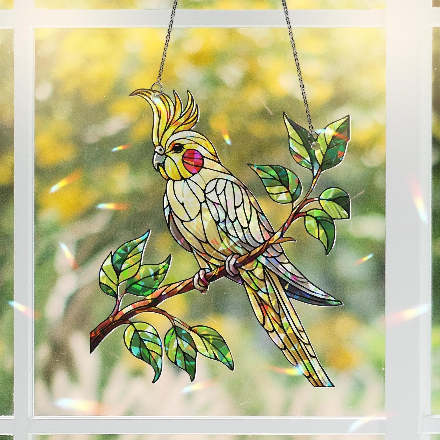 Hologram Cockatiel Bird on Branch Acrylic Window Hanging