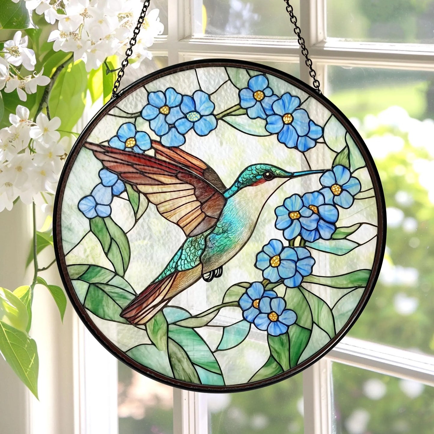 Hummingbird Stained Glass - Hummingbird Among Forget Me Not Flowers GLASS Suncatcher Hanging