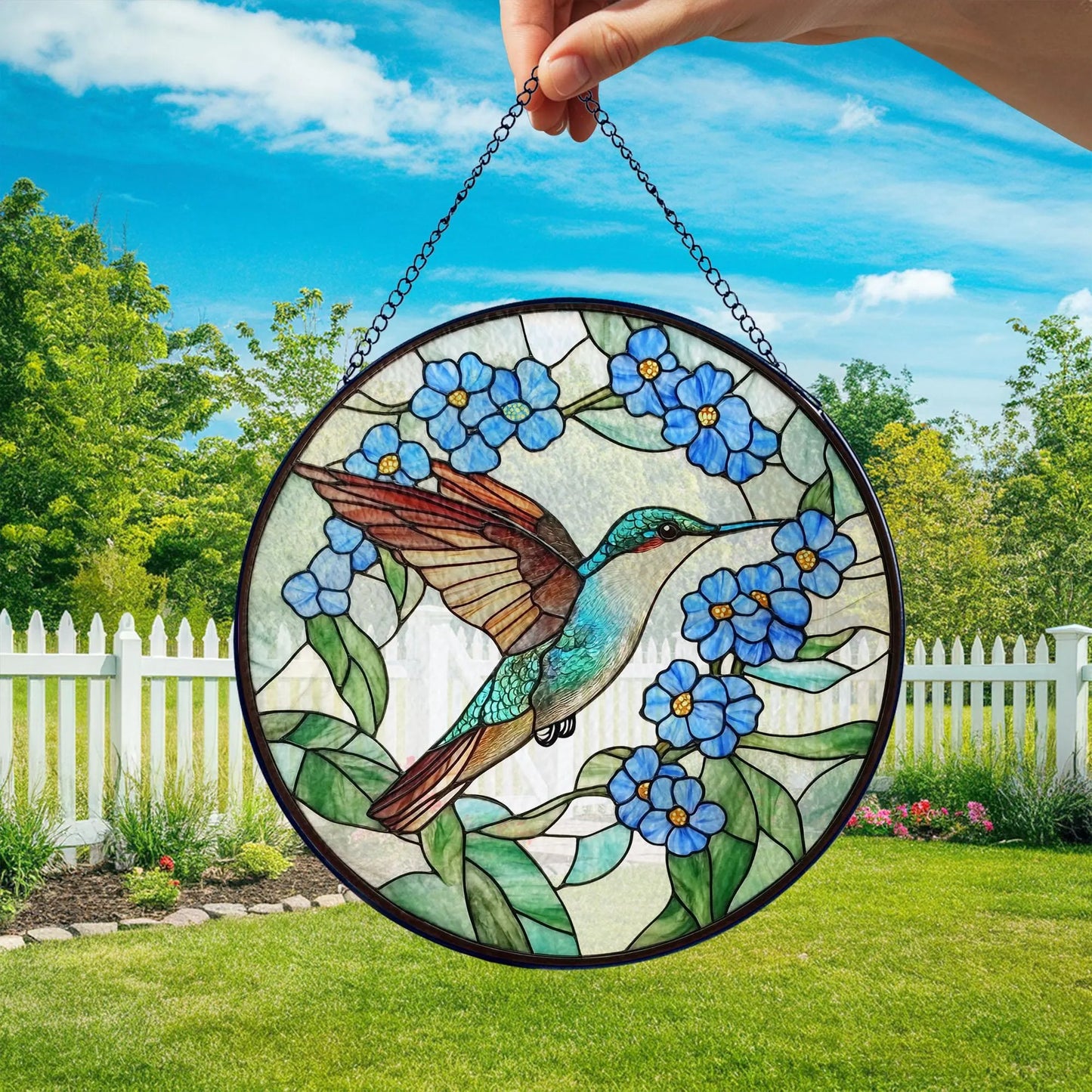 Hummingbird Stained Glass - Hummingbird Among Forget Me Not Flowers GLASS Suncatcher Hanging