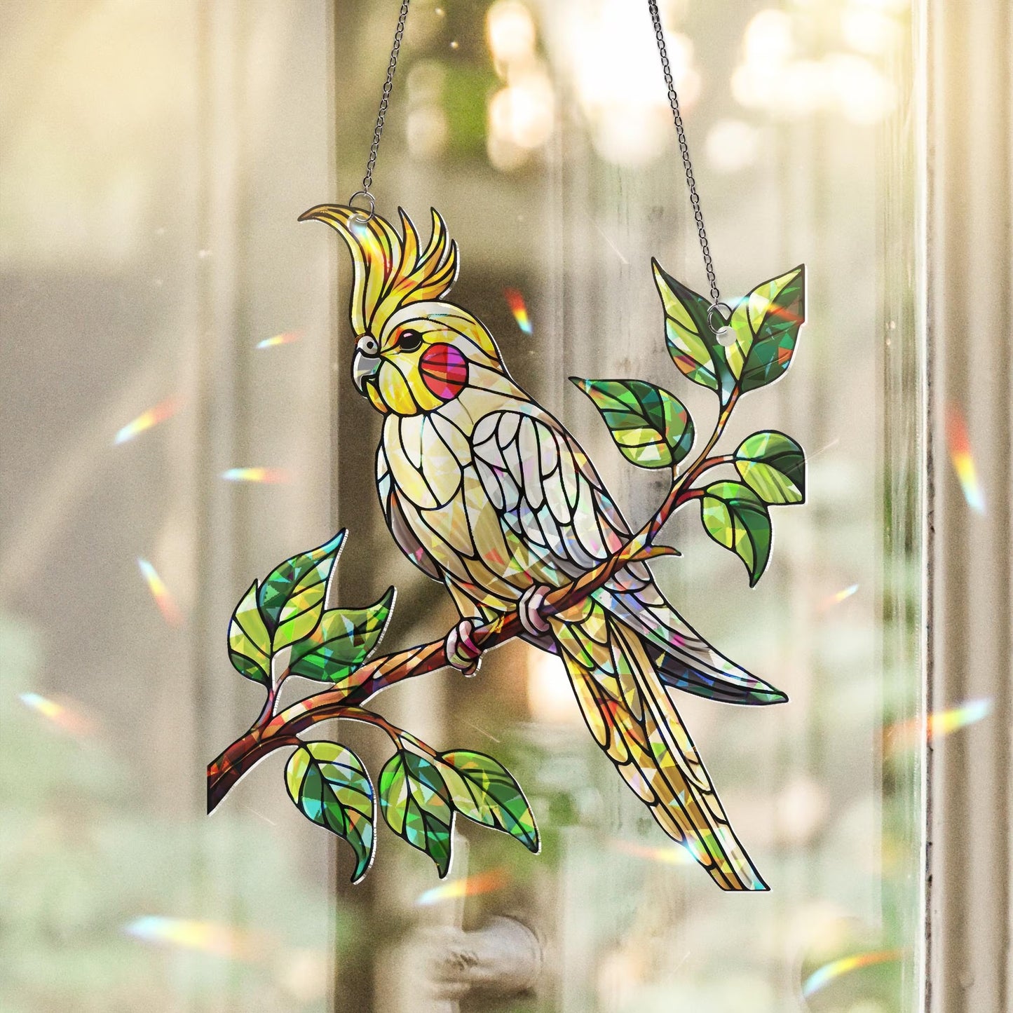 Hologram Cockatiel Bird on Branch Acrylic Window Hanging