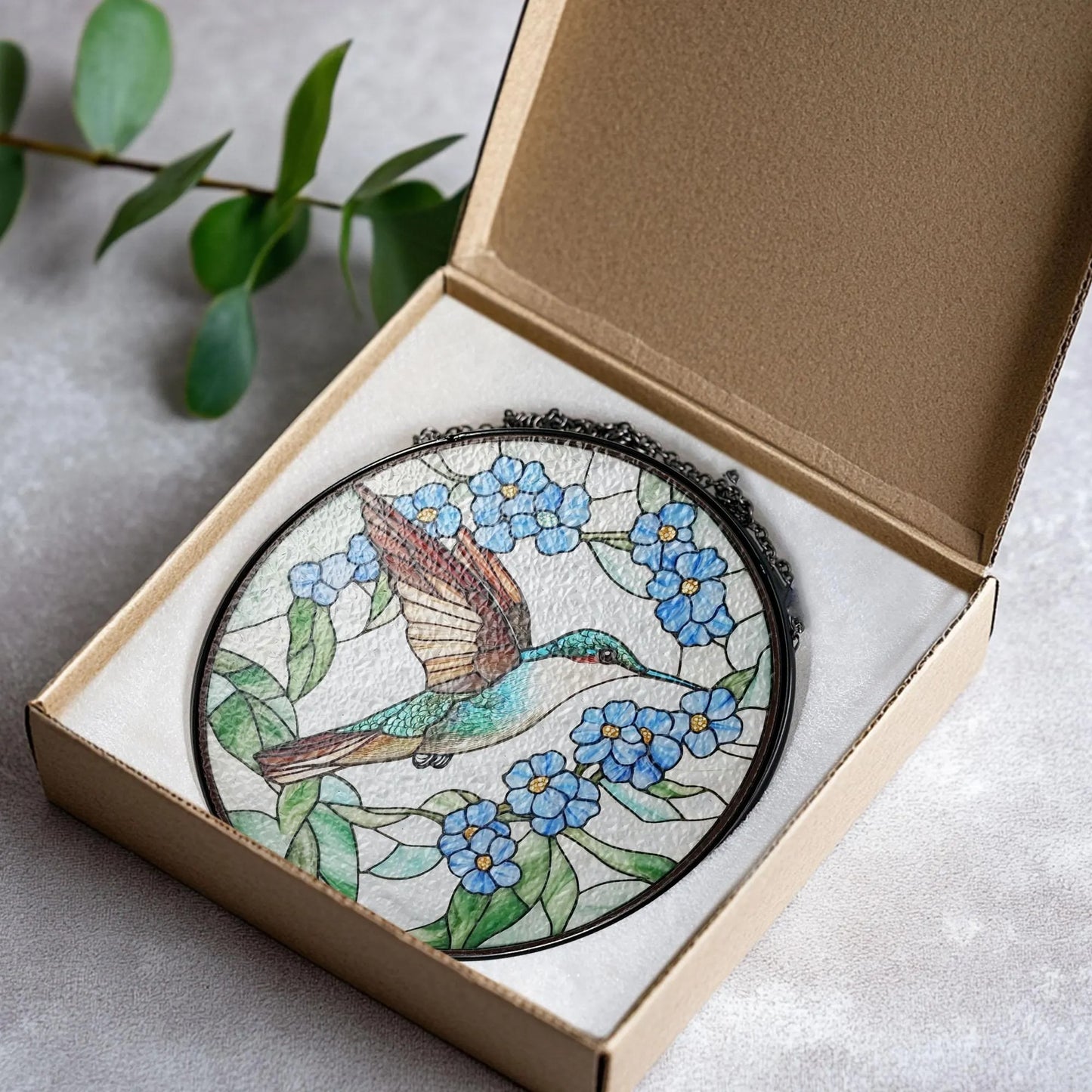 Hummingbird Stained Glass - Hummingbird Among Forget Me Not Flowers GLASS Suncatcher Hanging