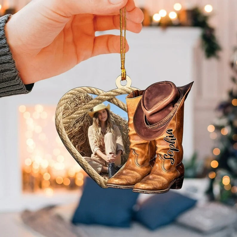 Custom Photo Western Cowboy Cowgirl Boots Hat Personalized Ornament