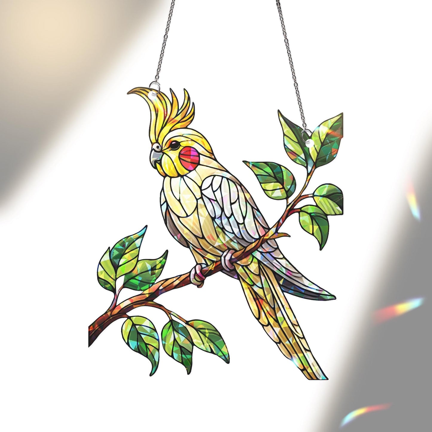 Hologram Cockatiel Bird on Branch Acrylic Window Hanging