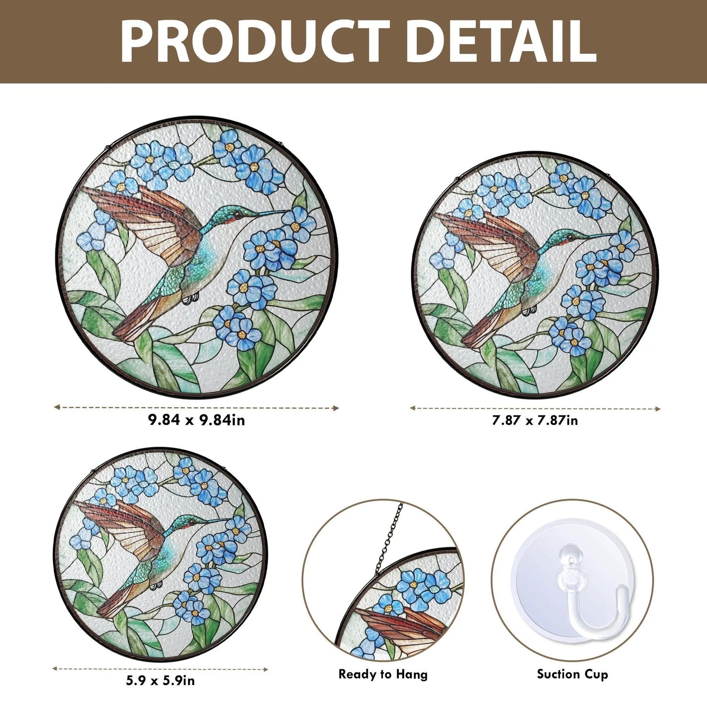 Hummingbird Stained Glass - Hummingbird Among Forget Me Not Flowers GLASS Suncatcher Hanging