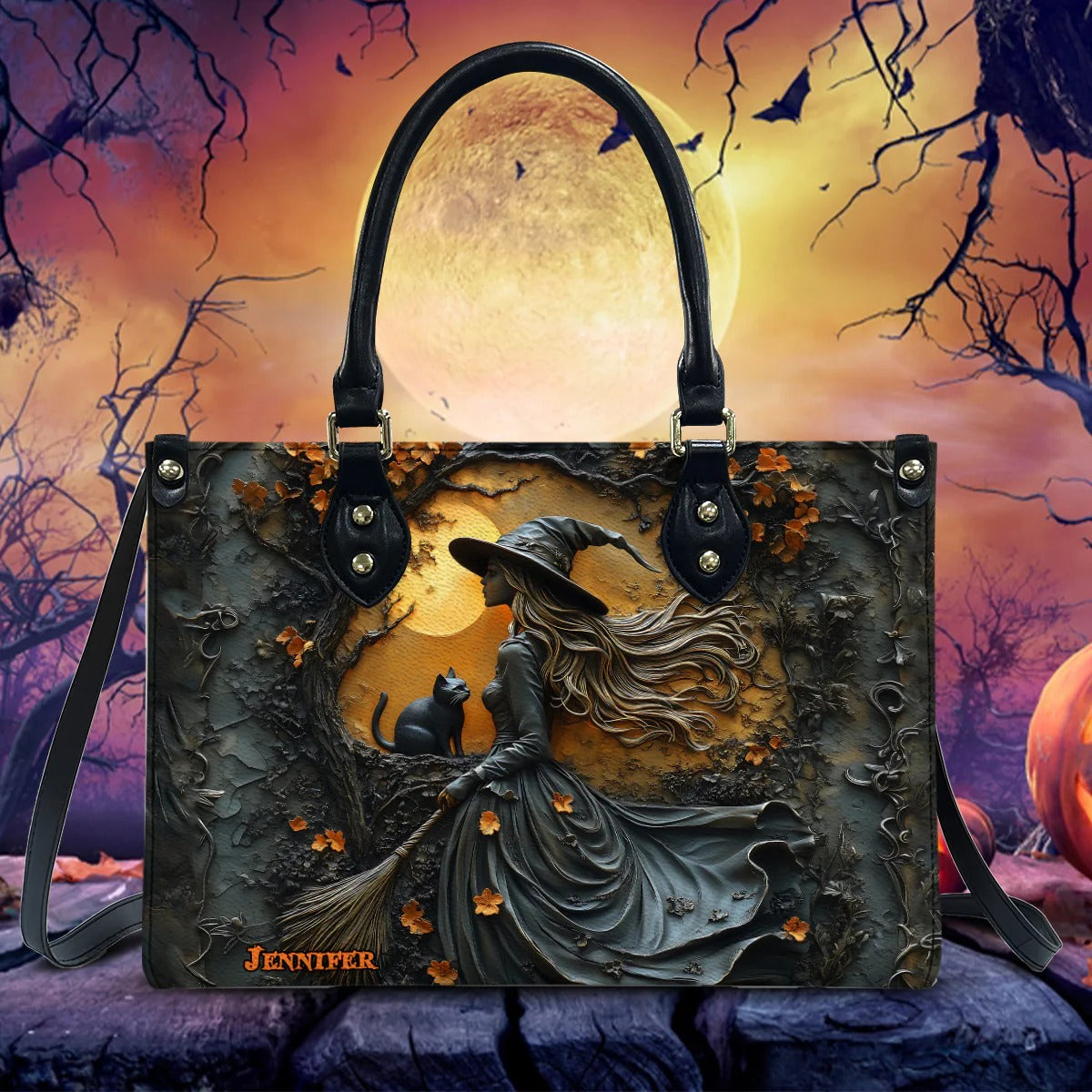 Beautiful Witch & Her Black Cat - Personalized Leather Handbag