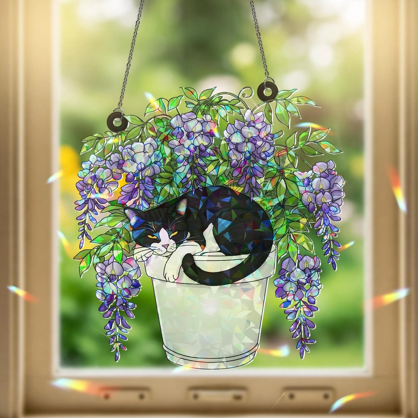 Tuxedo Cat and Wisteria Pot Hologram Acrylic Suncatcher