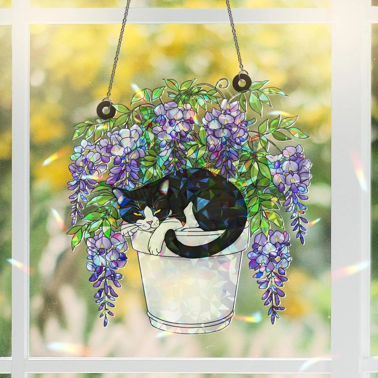 Tuxedo Cat and Wisteria Pot Hologram Acrylic Suncatcher