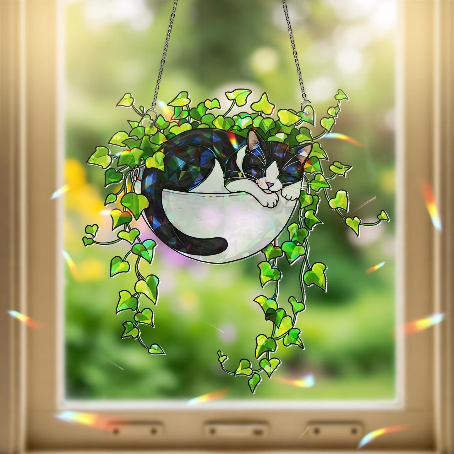 Tuxedo Cat Sleeping on Ivy Hologram Acrylic Suncatcher