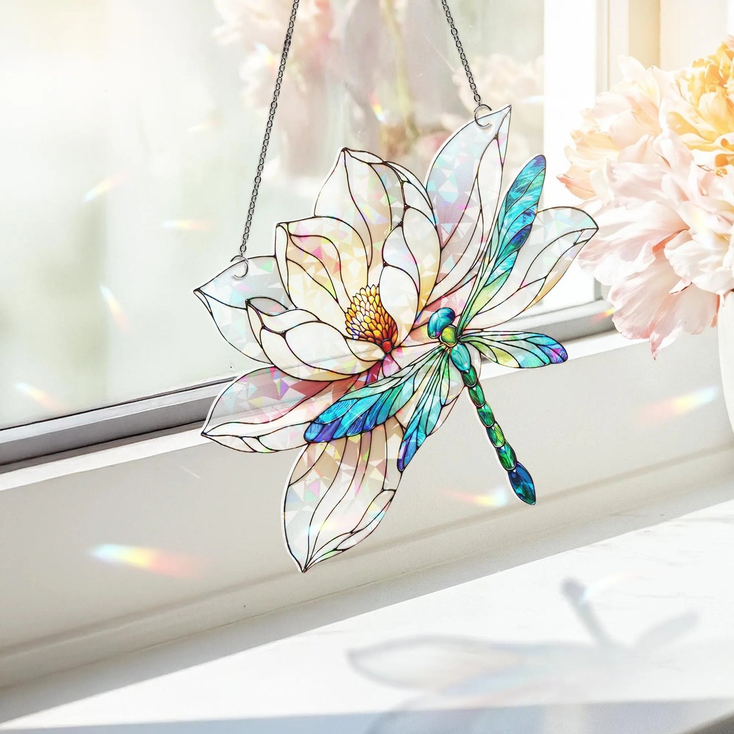 Dragonfly & Lilypad Holographic Acrylic Suncatcher