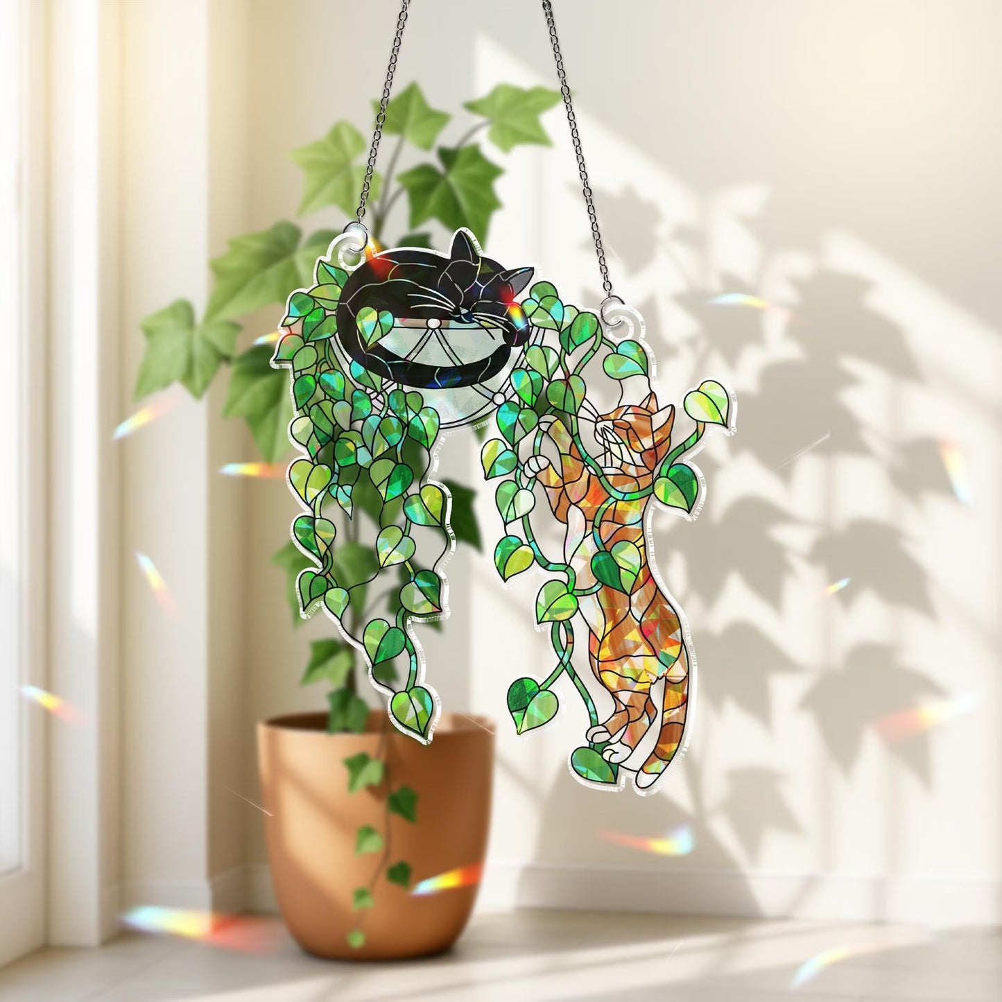 Climbing Cat & Sleeping Cat Hologram Acrylic Suncatcher