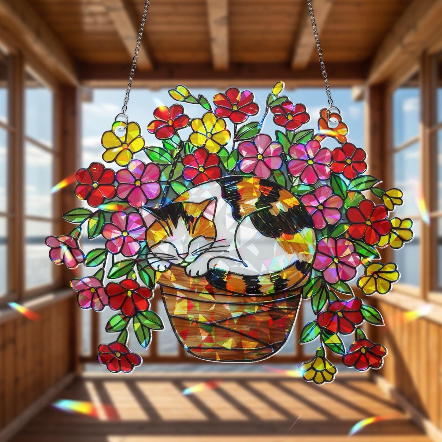 Calico Cat Flower Pot Hologram Acrylic Suncatcher