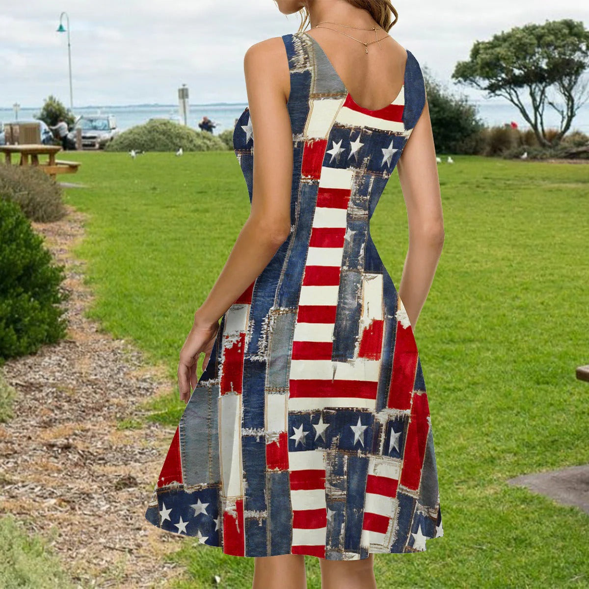 Retro American Flag Denim Floral Art - Personalized Sleeveless Dress