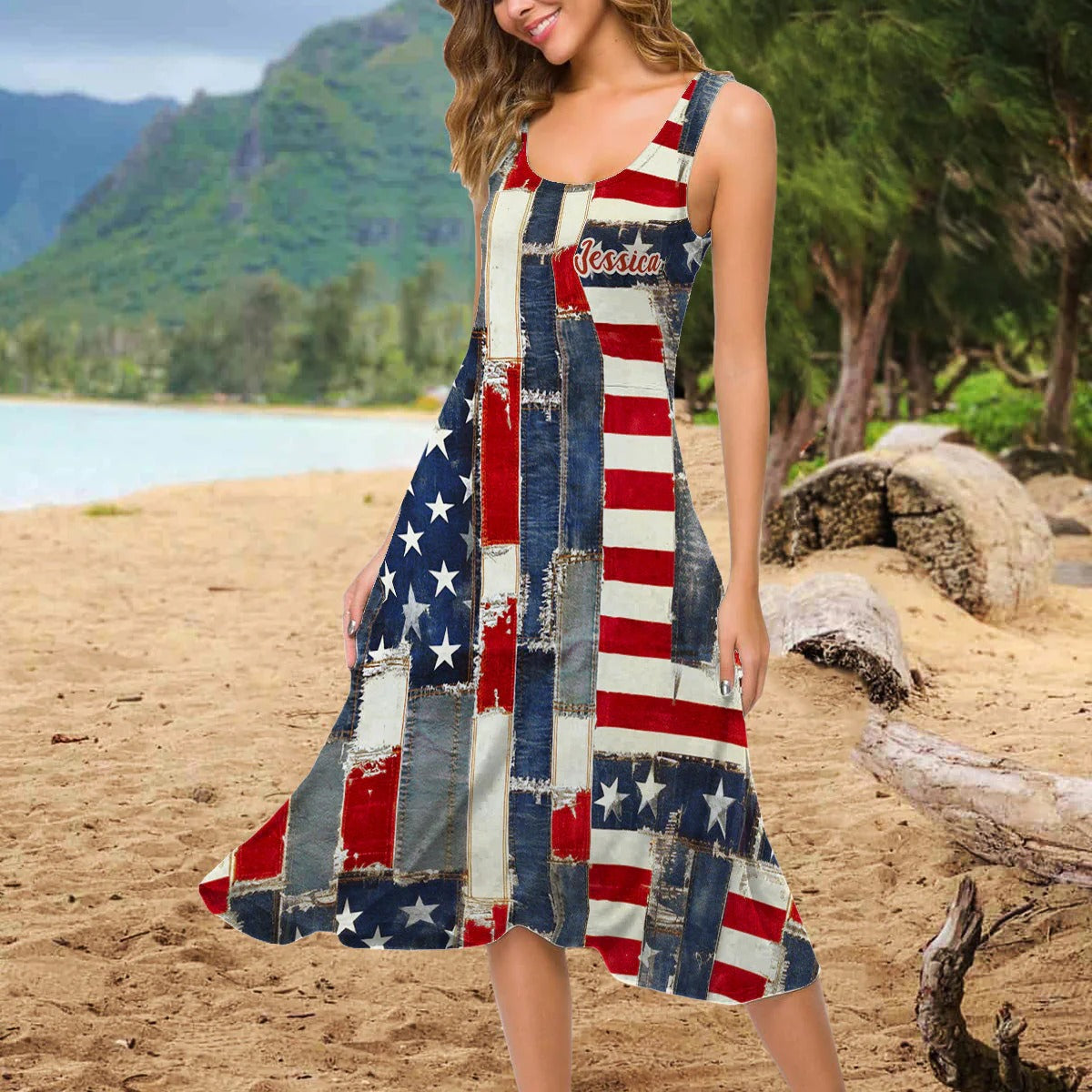 Retro American Flag Denim Floral Art - Personalized Sleeveless Dress