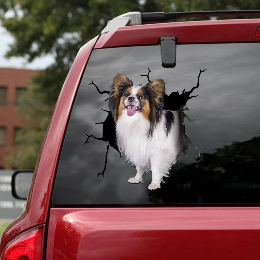 Papillon dog crack car Sticker, Dog Decal
