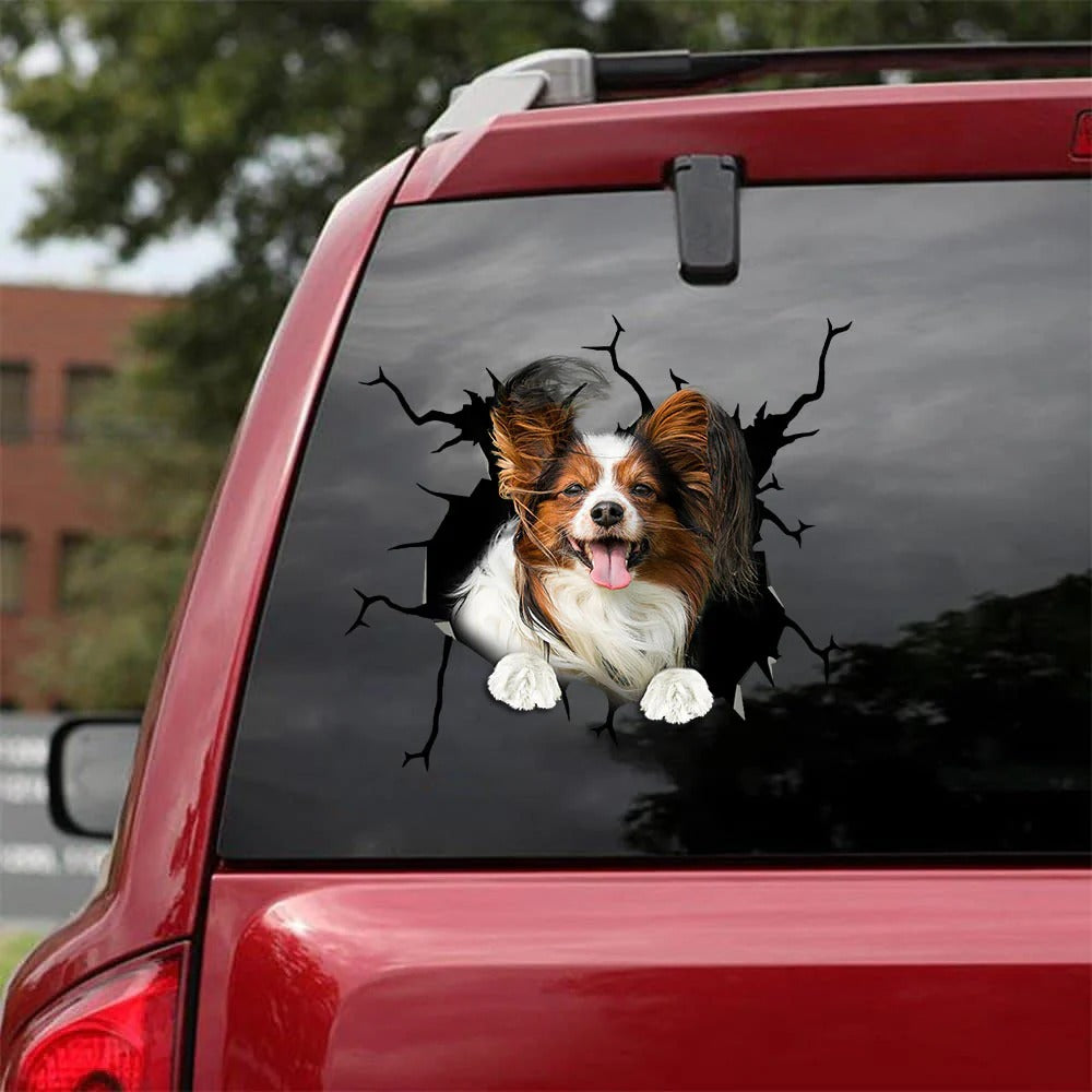 Papillon dog crack car Sticker, Dog Decal
