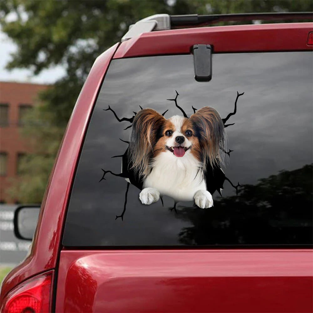 Papillon dog crack car Sticker, Dog Decal