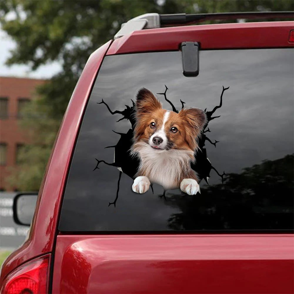 Papillon dog crack car Sticker, Dog Decal