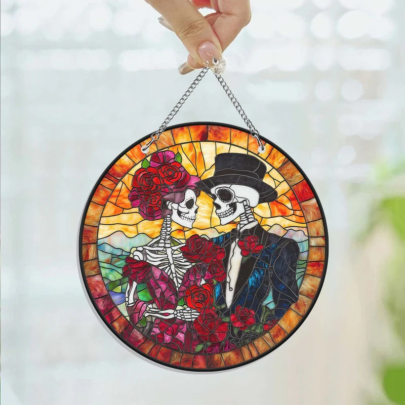 Valentine’s Day Gifts Skull Couple Stained Glass Suncatcher Hanging