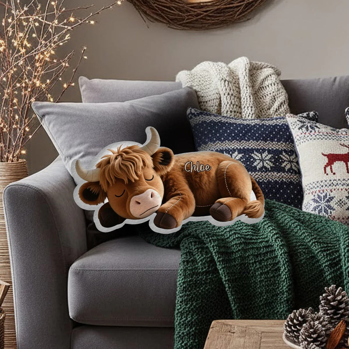 Sleeping Highland Cow - Personalized Cozy Highland Cow Shaped Pillow