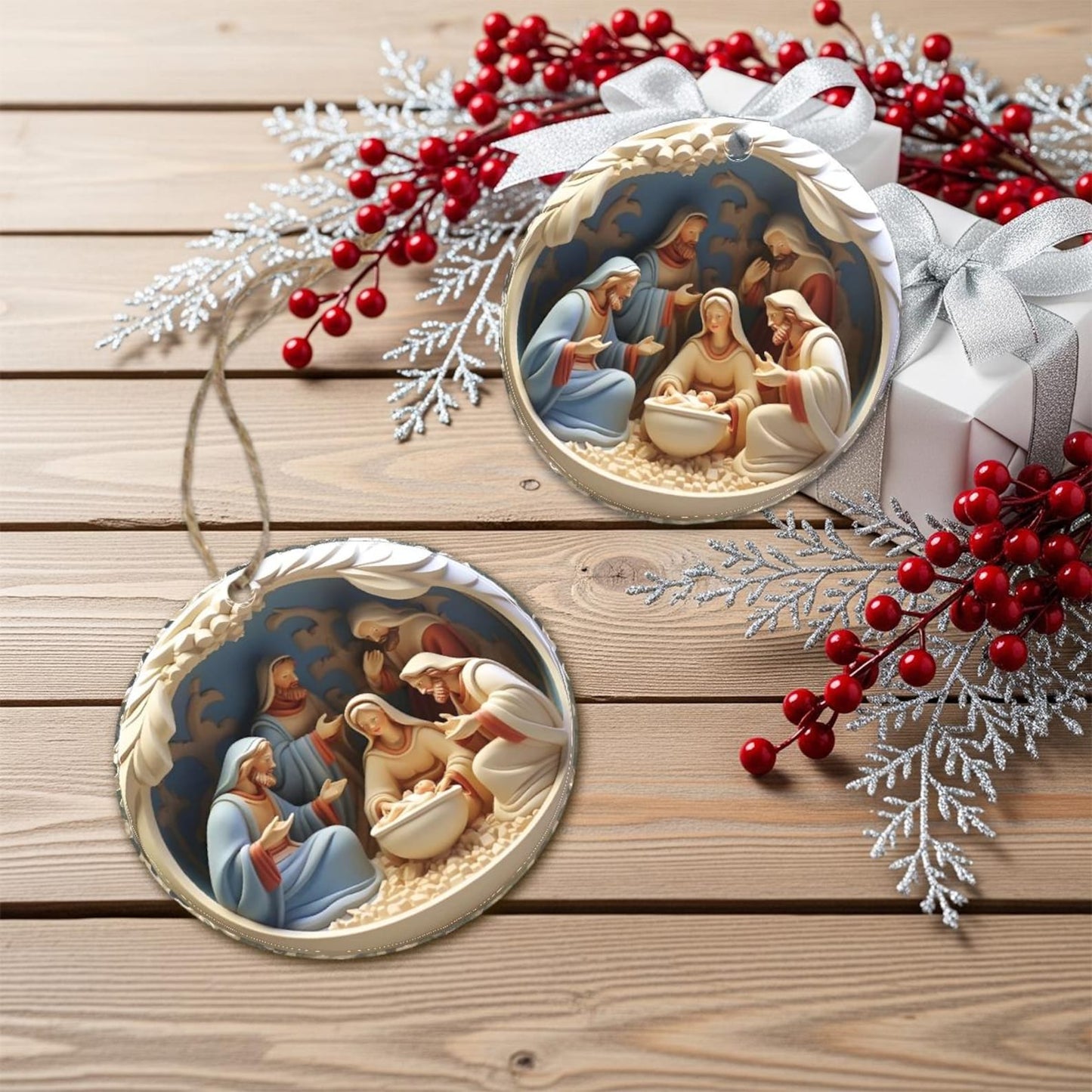 Custom Birth of Jesus Ornament, Christian Circle Ceramic Ornament