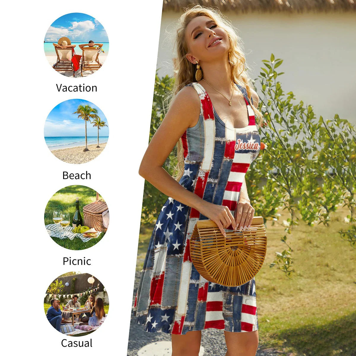 Retro American Flag Denim Floral Art - Personalized Sleeveless Dress