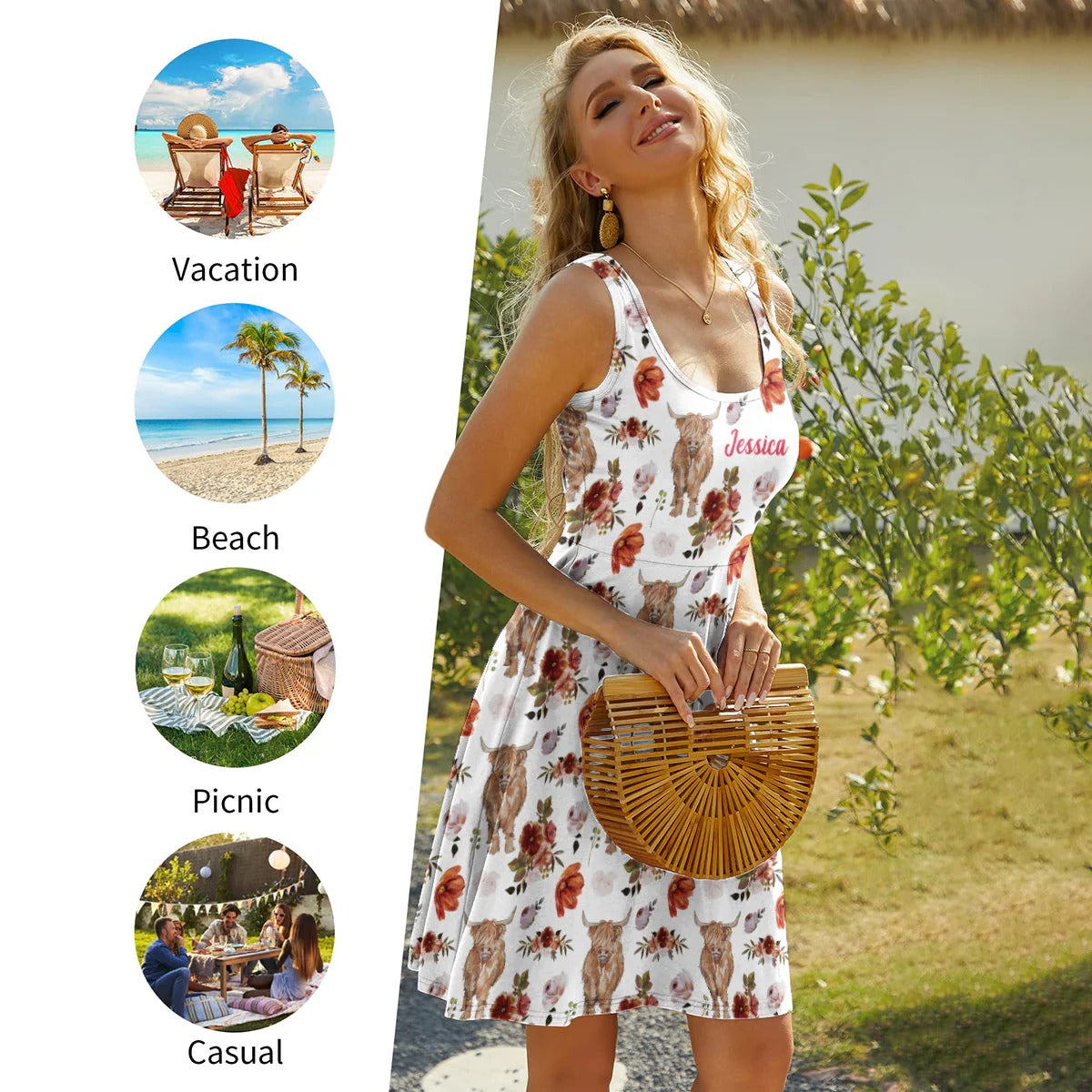 Floral Highland Cow - Personalized Sleeveless Dress