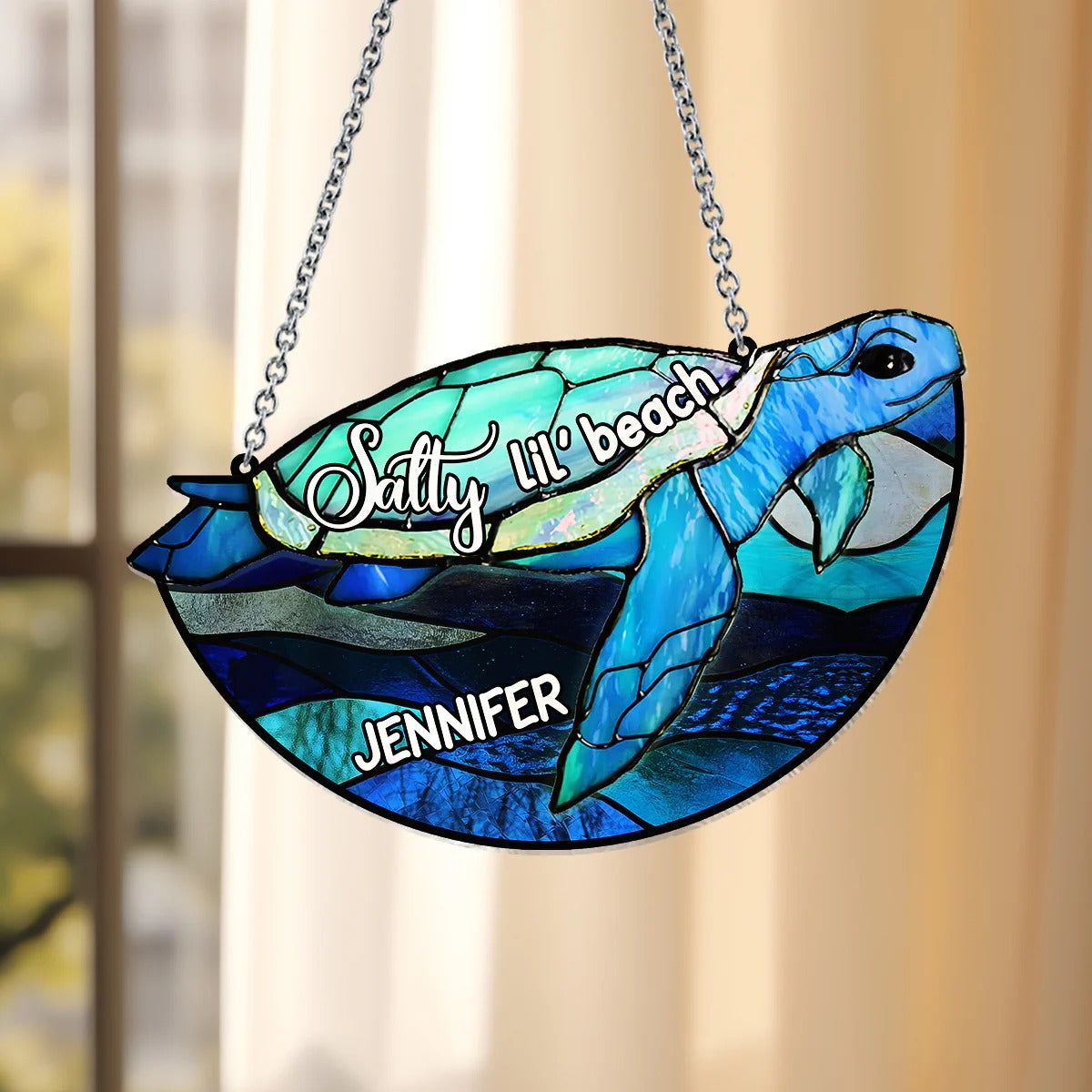 Salty Lil' Beach Blue Ocean Summer Vibes - Personalized Turtle Window Hanging Suncatcher Ornament