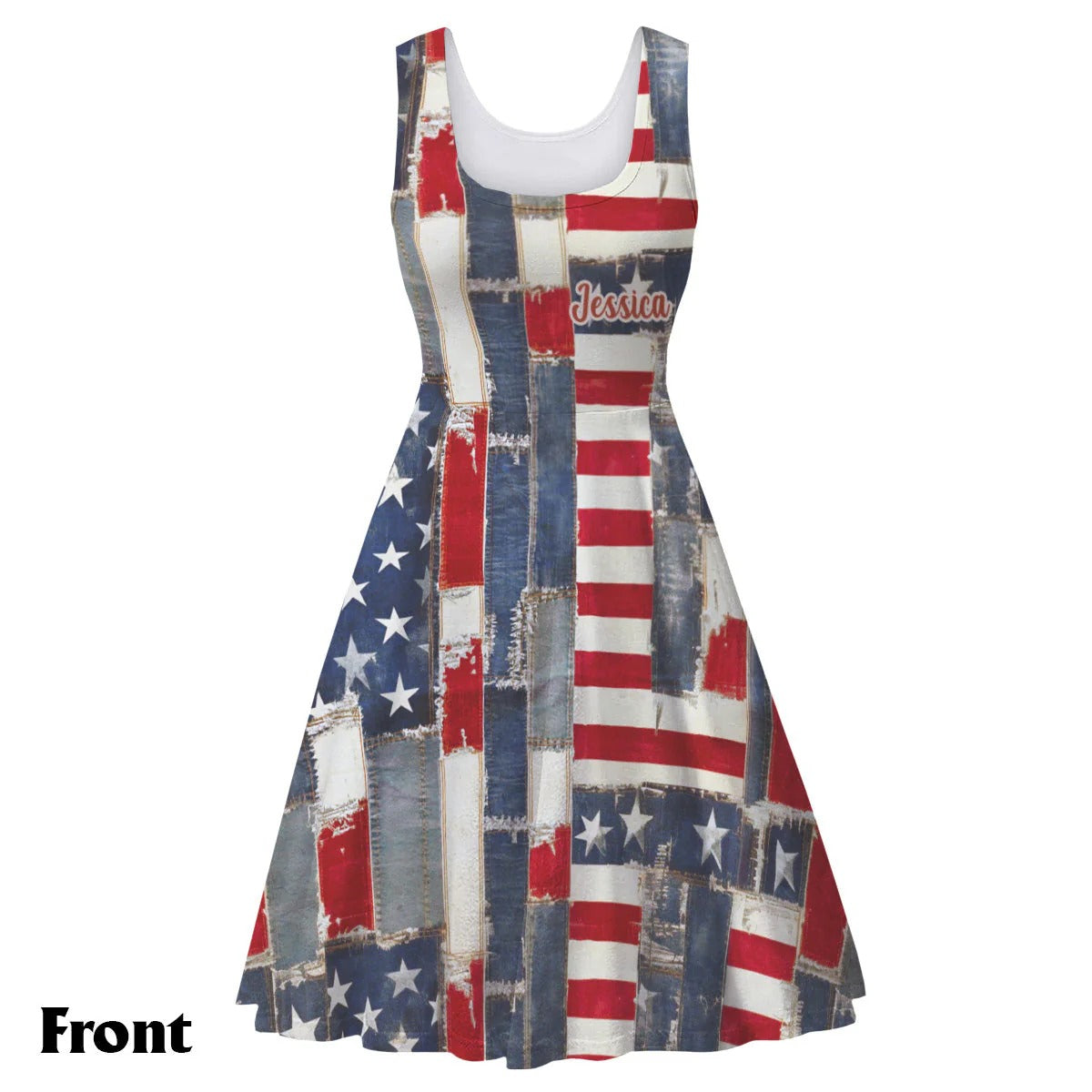Retro American Flag Denim Floral Art - Personalized Sleeveless Dress