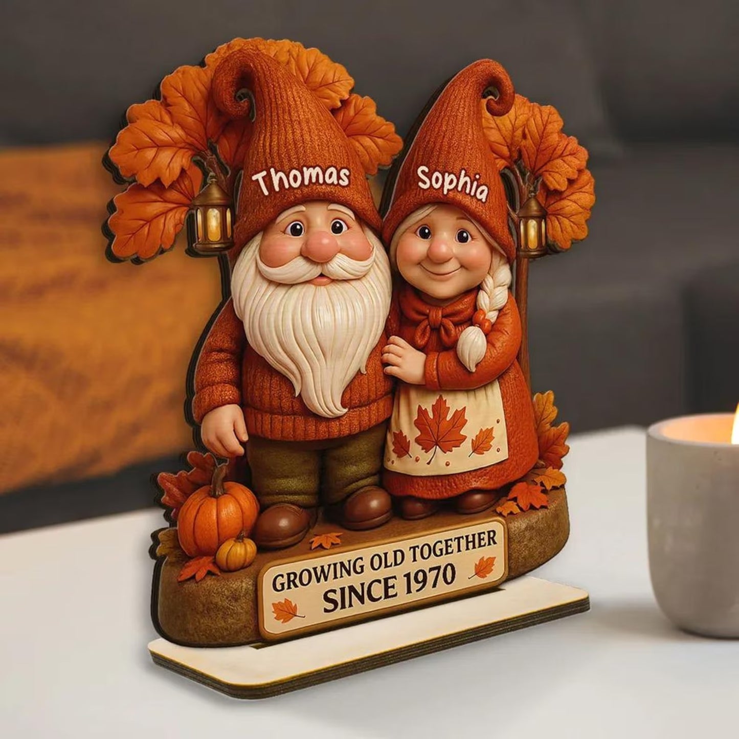 Personalized Fall Season Gnome Couple Wooden Standing