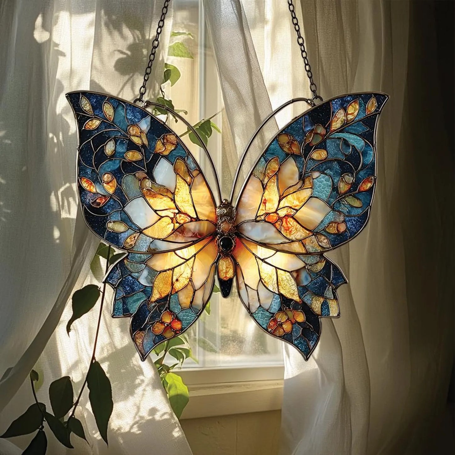 Blue and Gold Butterfly Faux Stained Glass Suncatcher